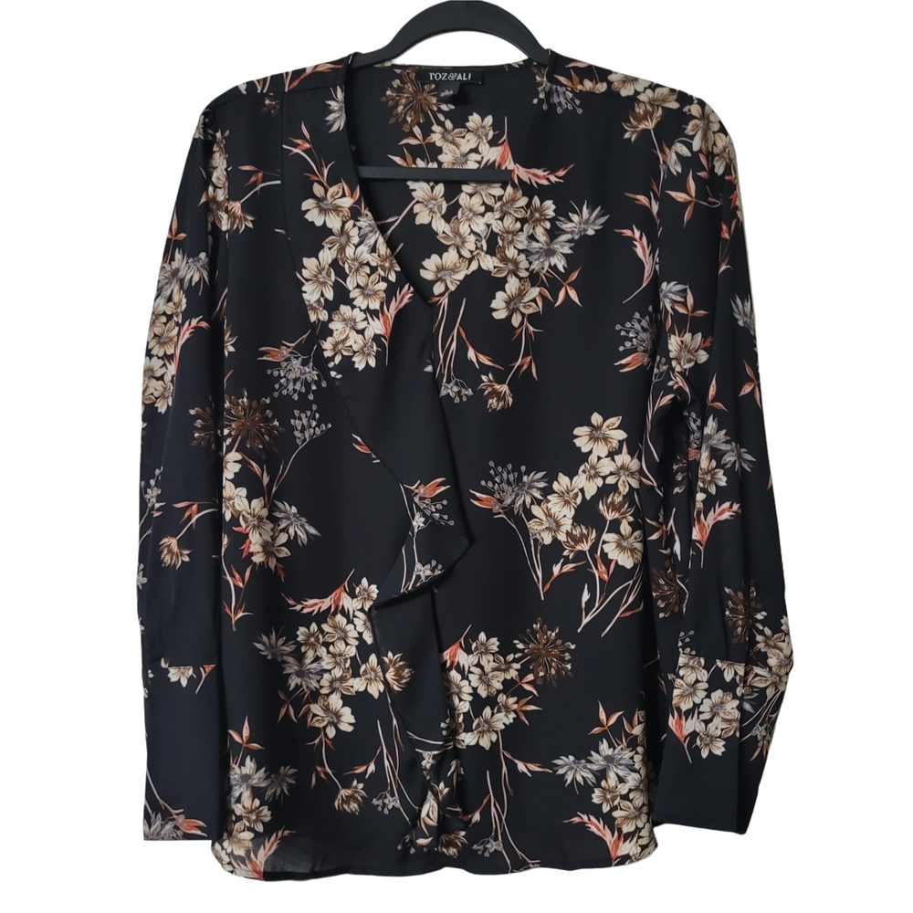 Roz & Ali Black Floral Blouse Size Large